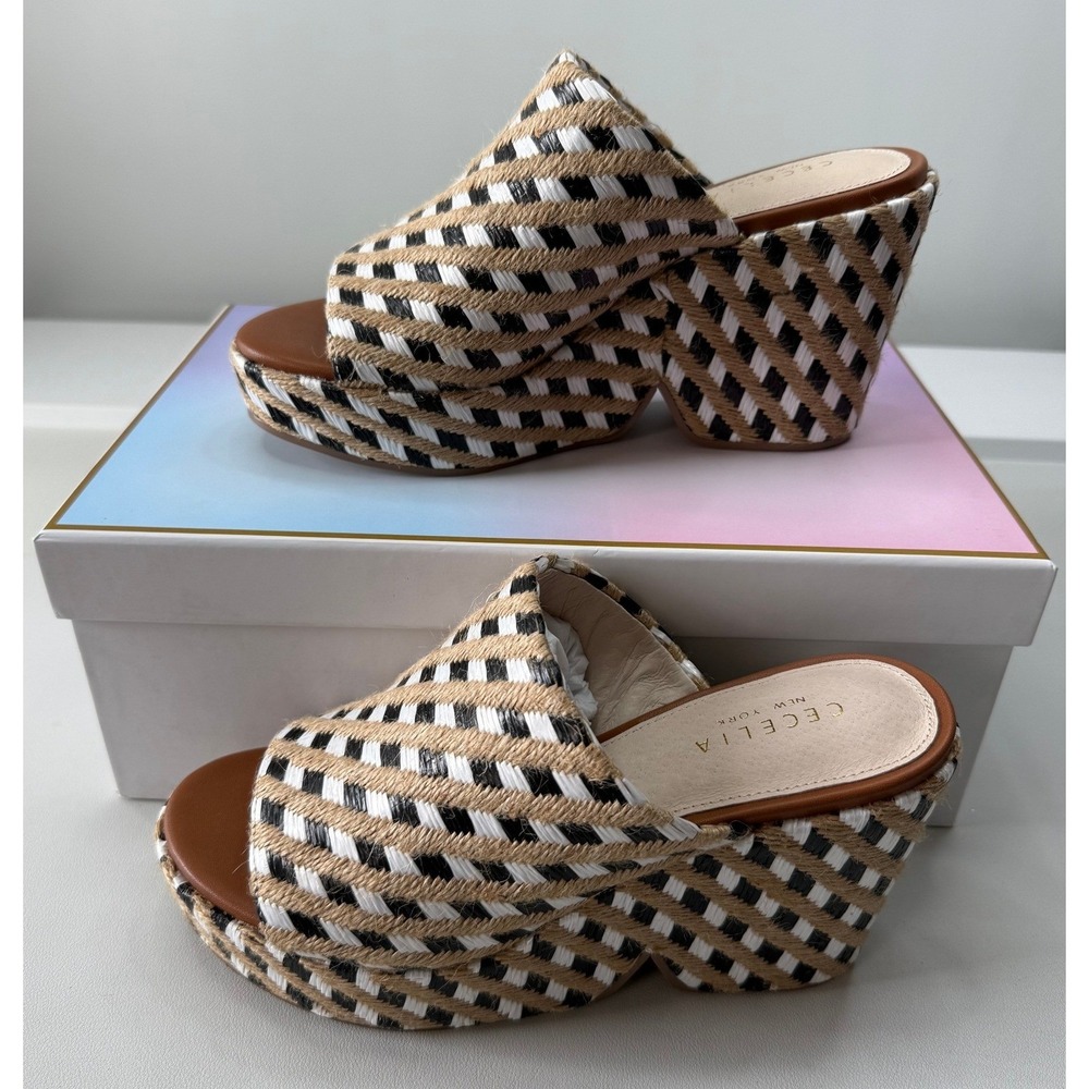 Cecelia New York Woven Platform Mules Black Tan Block Heel Size 10 NEW